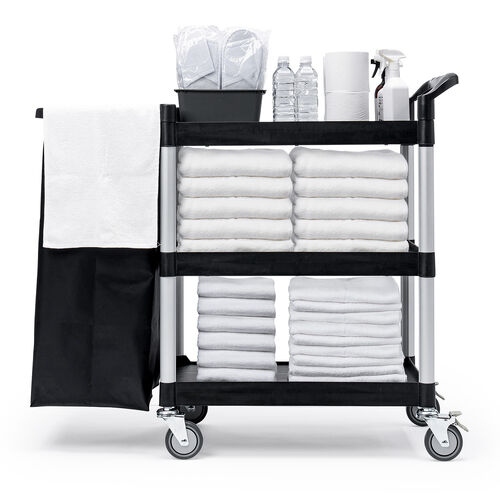 ツールワゴン（収納袋付き・3段・総耐荷重180kg・リネンカート・90L大容量・リネン・ゴミ回収・ホテル清掃・キャスター付き・ツールカート・業務用・ブラック）