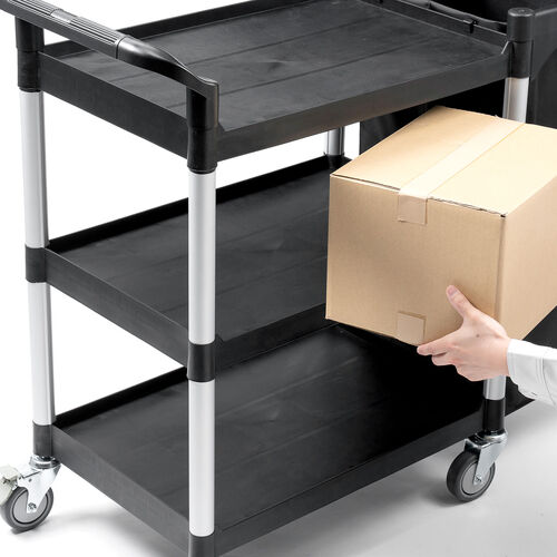 ツールワゴン（収納袋付き・3段・総耐荷重180kg・リネンカート・90L大容量・リネン・ゴミ回収・ホテル清掃・キャスター付き・ツールカート・業務用・ブラック）