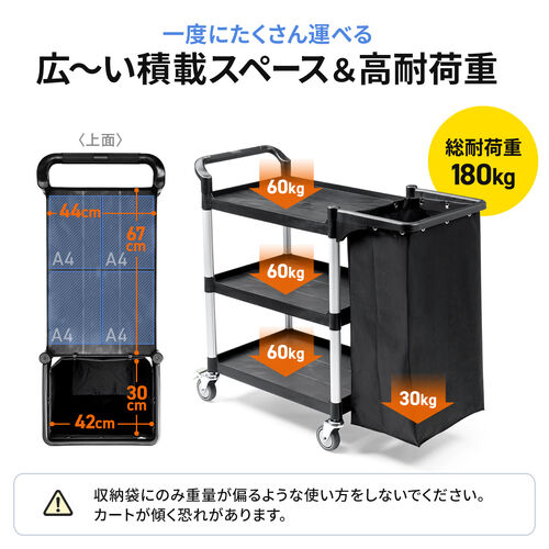 ツールワゴン（収納袋付き・3段・総耐荷重180kg・リネンカート・90L大容量・リネン・ゴミ回収・ホテル清掃・キャスター付き・ツールカート・業務用・ブラック）