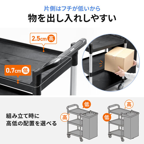 ツールワゴン（収納袋付き・3段・総耐荷重180kg・リネンカート・90L大容量・リネン・ゴミ回収・ホテル清掃・キャスター付き・ツールカート・業務用・ブラック）
