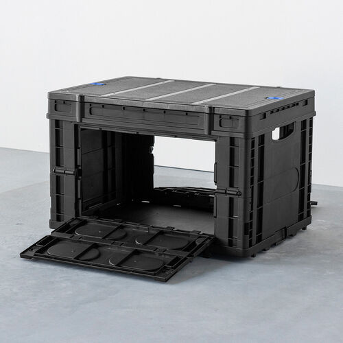 折りたたみコンテナ（容量65L・耐荷重25kg・サイドオープン・取り外せるフタ付き・スタッキング・荷物収納・保管・防災・アウトドア・ブラック）