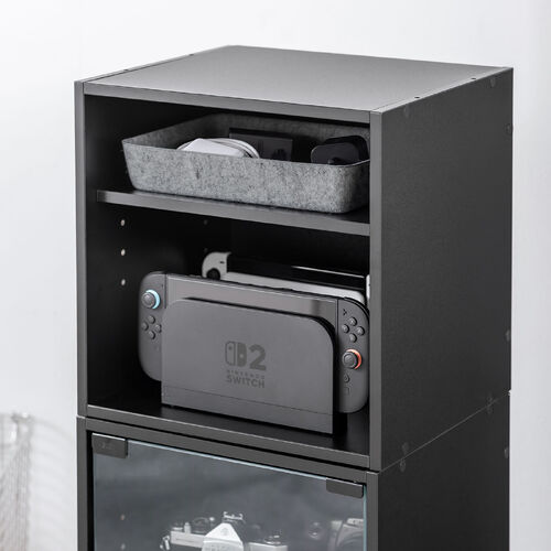 キューブ型収納ボックス（オープン・幅35×奥行29.5×高さ35cm・2段式・配線穴・推し活収納棚・アクスタ・DVD・Switch・ブラック）