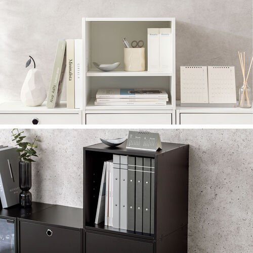 キューブ型収納ボックス（オープン・幅35×奥行29.5×高さ35cm・2段式・配線穴・推し活収納棚・アクスタ・DVD・Switch・ブラック）