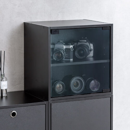 キューブ型収納ボックス（ガラス扉・幅35×奥行29.5×高さ35cm・2段式・配線穴・推し活収納棚・アクスタ・DVD・Switch・ブラック）