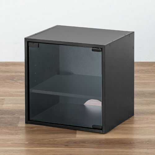 キューブ型収納ボックス（ガラス扉・幅35×奥行29.5×高さ35cm・2段式・配線穴・推し活収納棚・アクスタ・DVD・Switch・ブラック）
