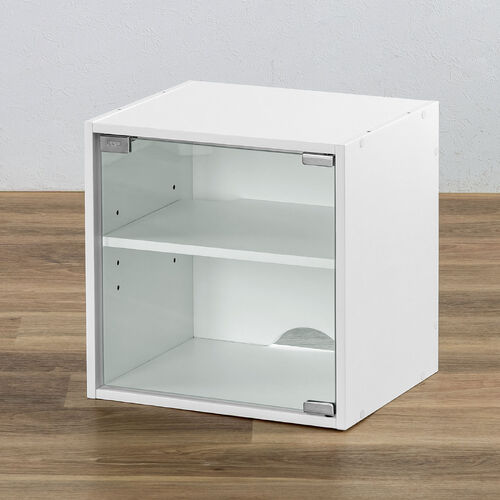 キューブ型収納ボックス（ガラス扉・幅35×奥行29.5×高さ35cm・2段式・配線穴・推し活収納棚・アクスタ・DVD・Switch・ホワイト）