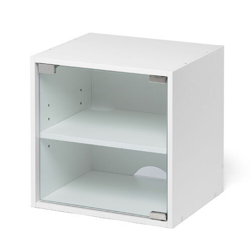キューブ型収納ボックス（ガラス扉・幅35×奥行29.5×高さ35cm・2段式・配線穴・推し活収納棚・アクスタ・DVD・Switch・ホワイト）
