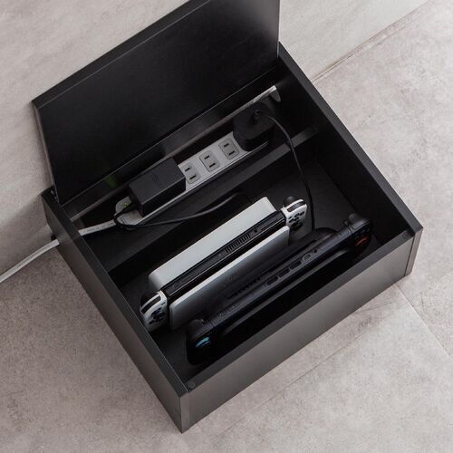 キューブ型収納ボックス（上部オープン・幅35×奥行29.5×高さ17.5cm・配線穴・推し活収納棚・Switch・タップ・化粧品・ブラック）