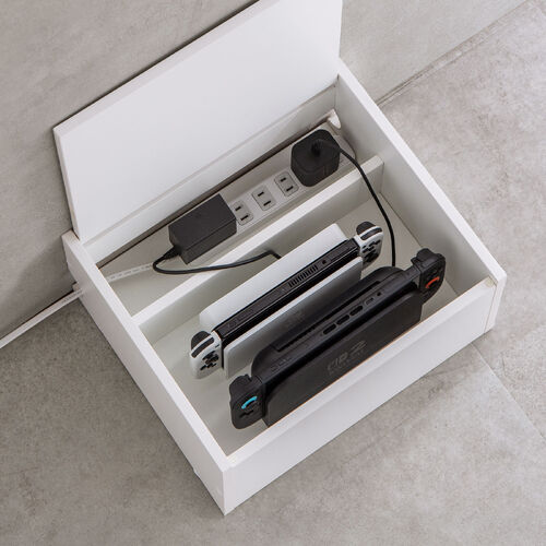 キューブ型収納ボックス（上部オープン・幅35×奥行29.5×高さ17.5cm・配線穴・推し活収納棚・Switch・タップ・化粧品・ホワイト）