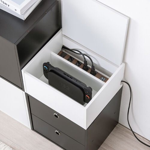 キューブ型収納ボックス（上部オープン・幅35×奥行29.5×高さ17.5cm・配線穴・推し活収納棚・Switch・タップ・化粧品・ホワイト）