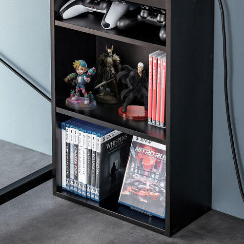 キューブ型収納ボックス（棚付きゲーム機収納・ハーフサイズ・ハイタイプ・上部オープン・幅35×奥行17×高さ70cm・配線穴・推し活収納棚・Switch・タップ・ブラック）