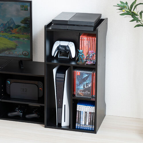 キューブ型収納ボックス（棚付きゲーム機収納・ハイタイプ・上部オープン・幅35×奥行34.5×高さ70cm・配線穴・プレステ5・Switch・推し活収納棚・タップ・ブラック）