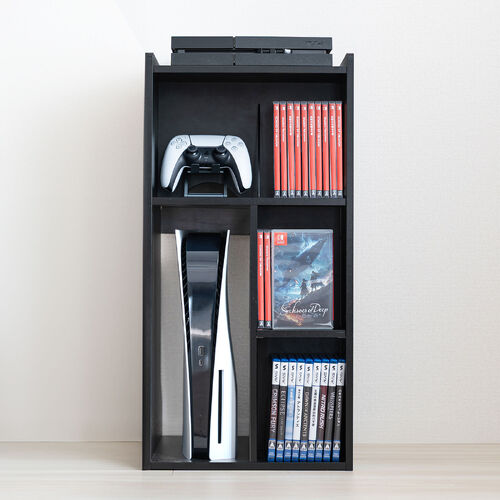 キューブ型収納ボックス（棚付きゲーム機収納・ハイタイプ・上部オープン・幅35×奥行34.5×高さ70cm・配線穴・プレステ5・Switch・推し活収納棚・タップ・ブラック）