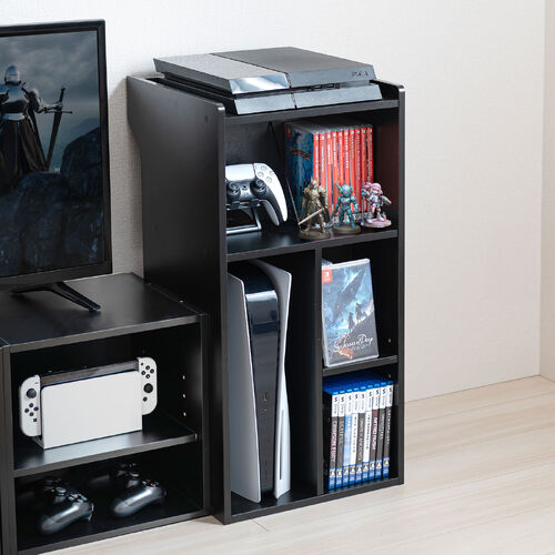 キューブ型収納ボックス（棚付きゲーム機収納・ハイタイプ・上部オープン・幅35×奥行34.5×高さ70cm・配線穴・プレステ5・Switch・推し活収納棚・タップ・ブラック）