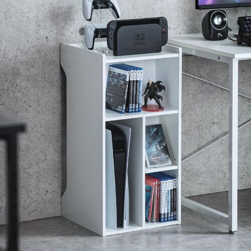 キューブ型収納ボックス（棚付きゲーム機収納・ハイタイプ・上部オープン・幅35×奥行34.5×高さ70cm・配線穴・プレステ5・Switch・推し活収納棚・タップ・ホワイト）