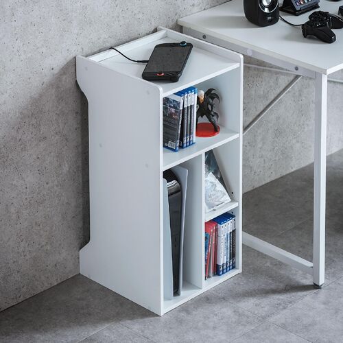 キューブ型収納ボックス（棚付きゲーム機収納・ハイタイプ・上部オープン・幅35×奥行34.5×高さ70cm・配線穴・プレステ5・Switch・推し活収納棚・タップ・ホワイト）