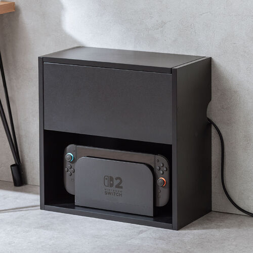 キューブ型収納ボックス（蓋付きゲーム機収納・ハーフサイズ・上部オープン・2段式・幅35×奥行17×高さ35cm・配線穴・推し活収納棚・Switch・タップ・ブラック）