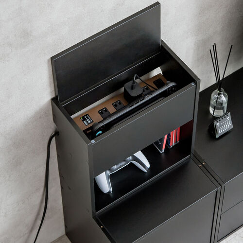 キューブ型収納ボックス（蓋付きゲーム機収納・ハーフサイズ・上部オープン・2段式・幅35×奥行17×高さ35cm・配線穴・推し活収納棚・Switch・タップ・ブラック）