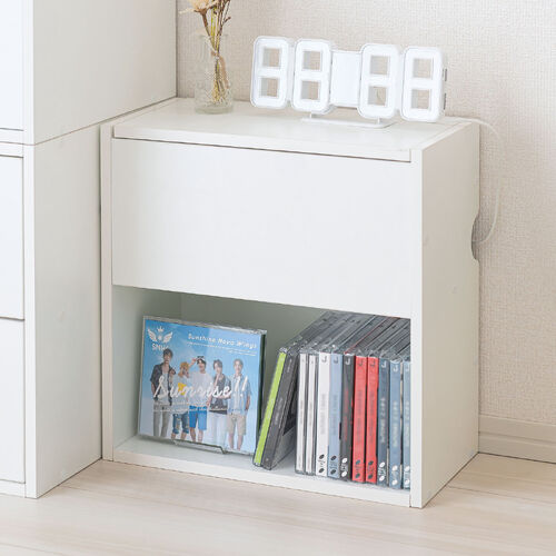 キューブ型収納ボックス（蓋付きゲーム機収納・ハーフサイズ・上部オープン・2段式・幅35×奥行17×高さ35cm・配線穴・推し活収納棚・Switch・タップ・ホワイト）