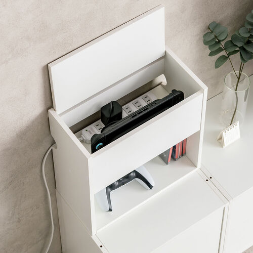 キューブ型収納ボックス（蓋付きゲーム機収納・ハーフサイズ・上部オープン・2段式・幅35×奥行17×高さ35cm・配線穴・推し活収納棚・Switch・タップ・ホワイト）