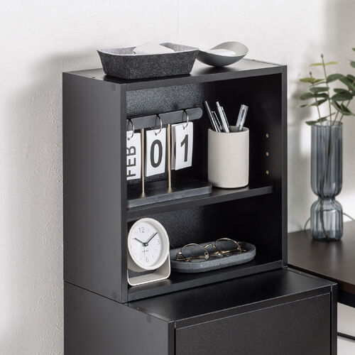 キューブ型収納ボックス（オープン・ハーフサイズ・幅35×奥行17×高さ35cm・2段式・配線穴・推し活収納棚・アクスタ・DVD・Switch・ブラック）