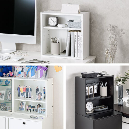 キューブ型収納ボックス（オープン・ハーフサイズ・幅35×奥行17×高さ35cm・2段式・配線穴・推し活収納棚・アクスタ・DVD・Switch・ホワイト）