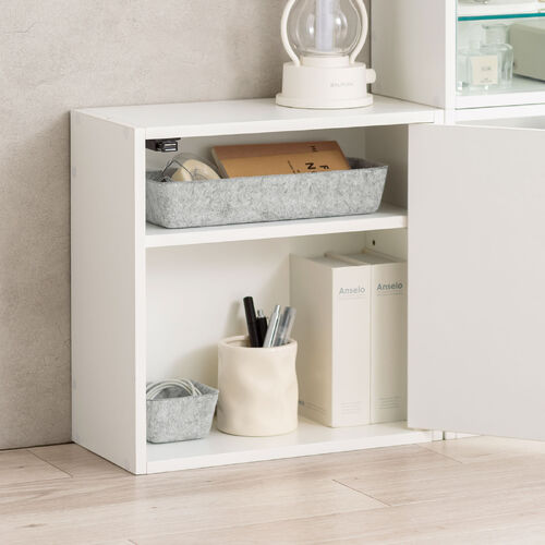 キューブ型収納ボックス（扉・ハーフサイズ・幅35×奥行17×高さ35cm・2段式・配線穴・推し活収納棚・アクスタ・DVD・Switch・ホワイト）