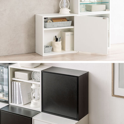 キューブ型収納ボックス（扉・ハーフサイズ・幅35×奥行17×高さ35cm・2段式・配線穴・推し活収納棚・アクスタ・DVD・Switch・ホワイト）