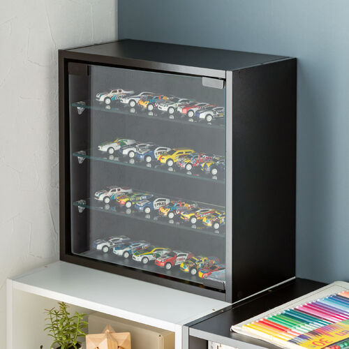 キューブ型収納ボックス（ガラス扉・ハーフサイズ・幅35×奥行17×高さ35cm・4段式・推し活収納棚・アクスタ・フィギュア・ブラック）