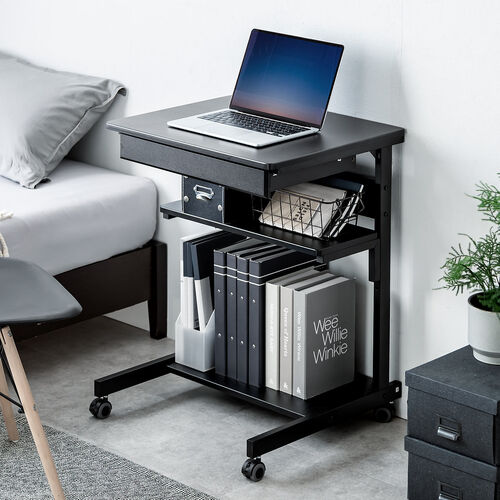 パソコンラック（パソコンデスク・幅55cm・省スペース・コンパクト・奥行48cm・収納棚・勉強机・ゴムキャスター・収納ラック・プリンター台・ブラック）