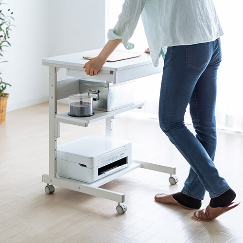 パソコンデスク（幅55cm・省スペース・テレワーク・在宅勤務・収納棚・ラック・勉強机・ゴムキャスター・ホワイト）