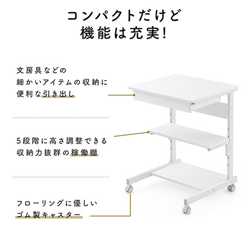 パソコンデスク（幅55cm・省スペース・テレワーク・在宅勤務・収納棚・ラック・勉強机・ゴムキャスター・ホワイト）