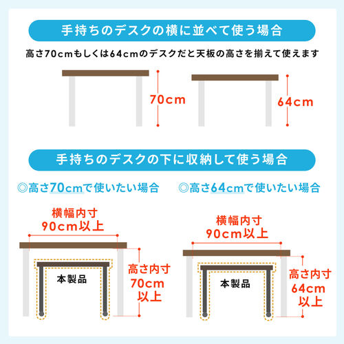 キャスター付きサブデスク（幅90cm・奥行35cm・高さ64cm/70cm・高さ調節可能・脇机・作業台・デスク幅拡張用・ホワイト）