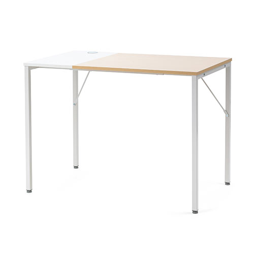 シンプルワークデスク（木目×ホワイト 幅100cm 奥行60cm テレワーク ケーブル通し付き モニターアーム取付対応）