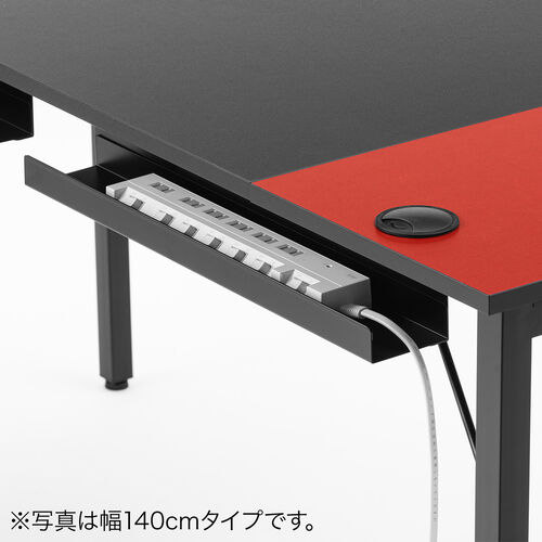 ワークデスク（ブラック×レッド・幅160cm・奥行60cm・ゲーミングデスク・ミーティングテーブル・ケーブルトレー付き・モニターアーム取付対応・組立簡単）