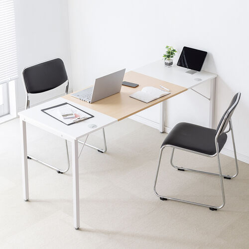 ワークデスク（ライトブラウン×ホワイト・幅160cm・奥行60cm・ミーティングテーブル・ケーブルトレー付き・モニターアーム取付対応・組立簡単）