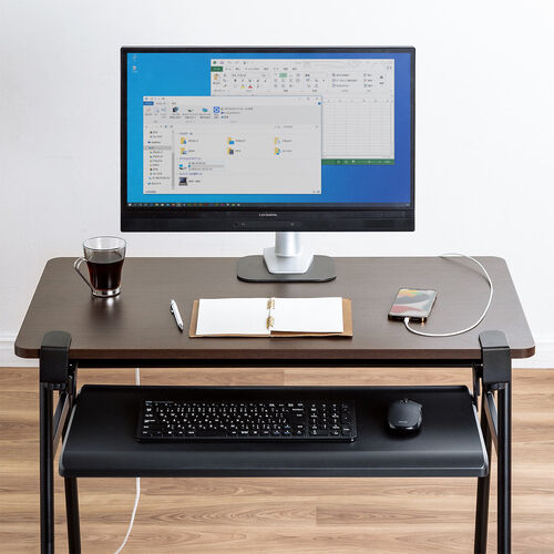 キャスター付きデスク（大型キャスター・軽量設計・モニターアーム対応・幅90cm・奥行50cm・木目）