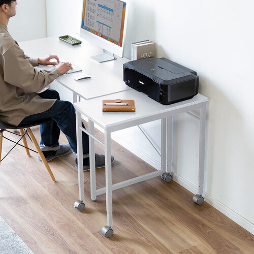 キャスター付きサブデスク（脇机・パソコンデスク・作業台・高さ調節可能・幅70cm・奥行35cm・高さ64cm/70cm・ホワイト）