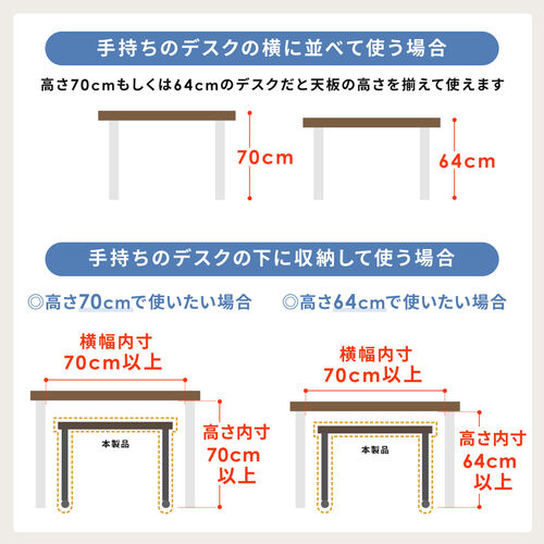 キャスター付きサブデスク（脇机・パソコンデスク・作業台・高さ調節可能・幅70cm・奥行35cm・高さ64cm/70cm・ホワイト）