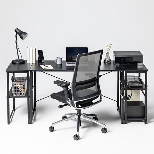 シェルフ（収納棚・オープンラック・シェルフラック・上下分割・シンプルデスク・フック付き・幅60cm・奥行き30cm・ブラック）