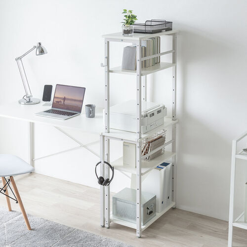 シェルフ（収納棚・オープンラック・シェルフラック・上下分割・シンプルデスク・フック付き・幅60cm・奥行き30cm・ホワイト）