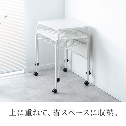【アウトレット】スタッキングデスク（研修デスク・サブデスク・キャスター付きデスク・中棚付き・フック付き・幕板 ・天板幅65cm・奥行50cm・ホワイト）
