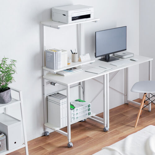 パソコンデスク（パソコンラック・ワークデスク・コンパクト・棚板3枚・収納・シンプルデスク・オフィス・会議室・キャスター付き・横幅約60cm・総耐荷重最大46kg・サブテーブル付・ホワイト）