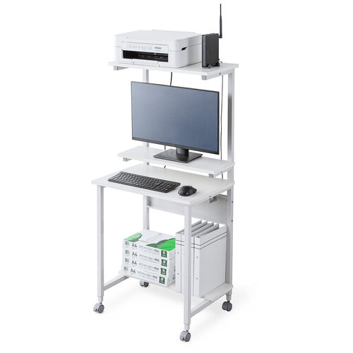 パソコンデスク（パソコンラック・ワークデスク・コンパクト・棚板3枚・収納・シンプルデスク・オフィス・会議室・キャスター付き・横幅約60cm・総耐荷重最大46kg・サブテーブル付・ホワイト）