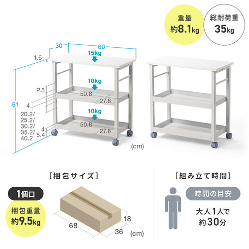 デスクワゴン（トレイワゴン・オープンラック・シェルフラック・デスク下収納・収納棚・可変棚・幅60cm・奥行30cm・高さ61cm・ブラック）