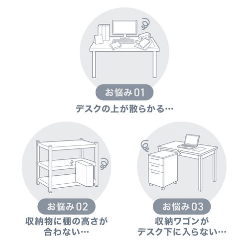 デスクワゴン（収納ラック・トレイワゴン・オープンラック・収納ワゴン・デスク下収納・収納棚・可変棚・幅60cm・奥行30cm・高さ64cm・ブラック）