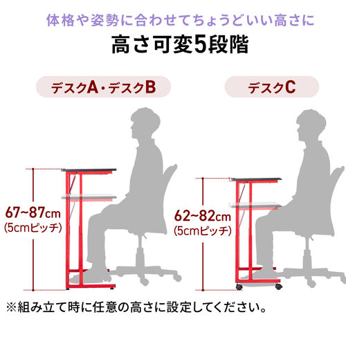 ゲーミングデスク3点セット(L字デスク・コの字デスク・パソコンデスク・高さ可変・カーボン調天板・レッドフレーム）