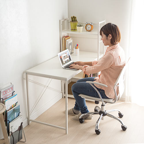 パソコンデスク（収納ラック付・120cm幅・木製・左右対応・ホワイト