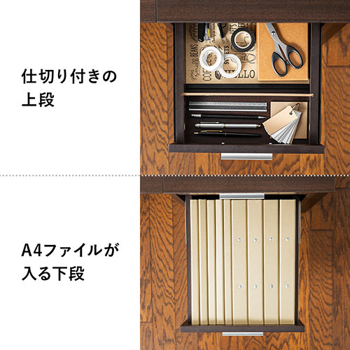 デスク（キャビネット付き・ワゴン付き・木製・W1100・D500・ブラウン・テレワーク・在宅勤務・アジャスターつき）