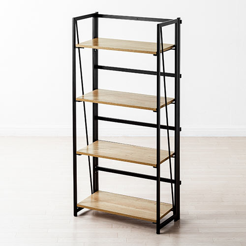 折りたたみシェルフ（収納便利・折りたたみラック・4段収納・W600mm・H1250mm・ライトブラウン・スチール）